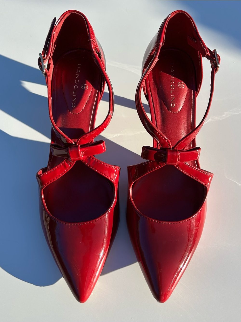 Bandolino Red Patent Leather Pointed Strappy Kitten Heel Bow Ankle Strap Size 6